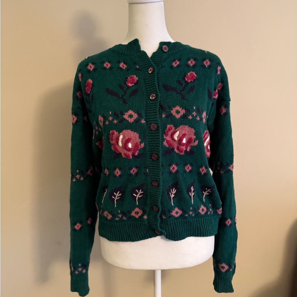VTG 90s Floral Cottagecore green Pink knit Cardigan Sweater granny retro